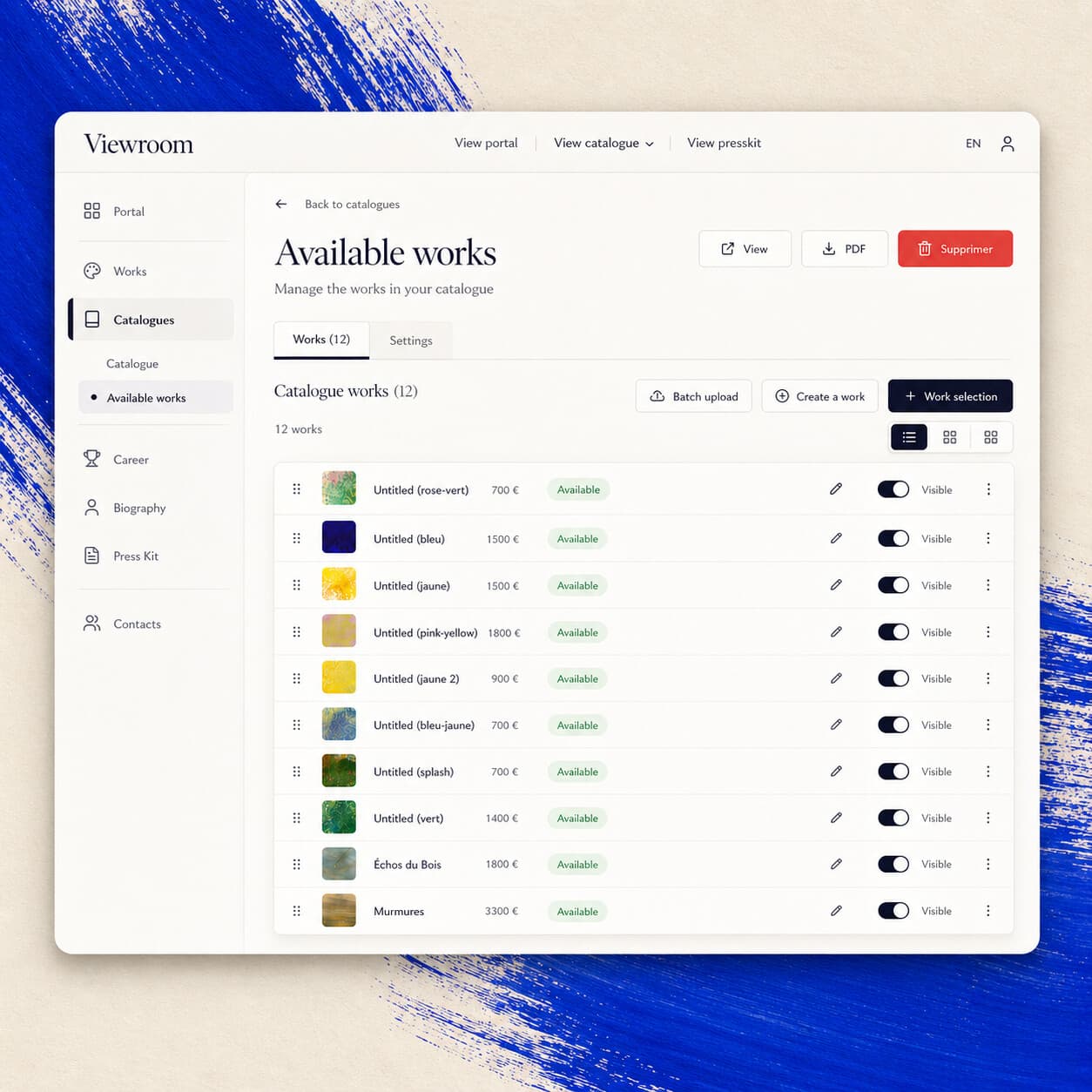 Viewroom works catalogue management interface: editable grid of artworks.
