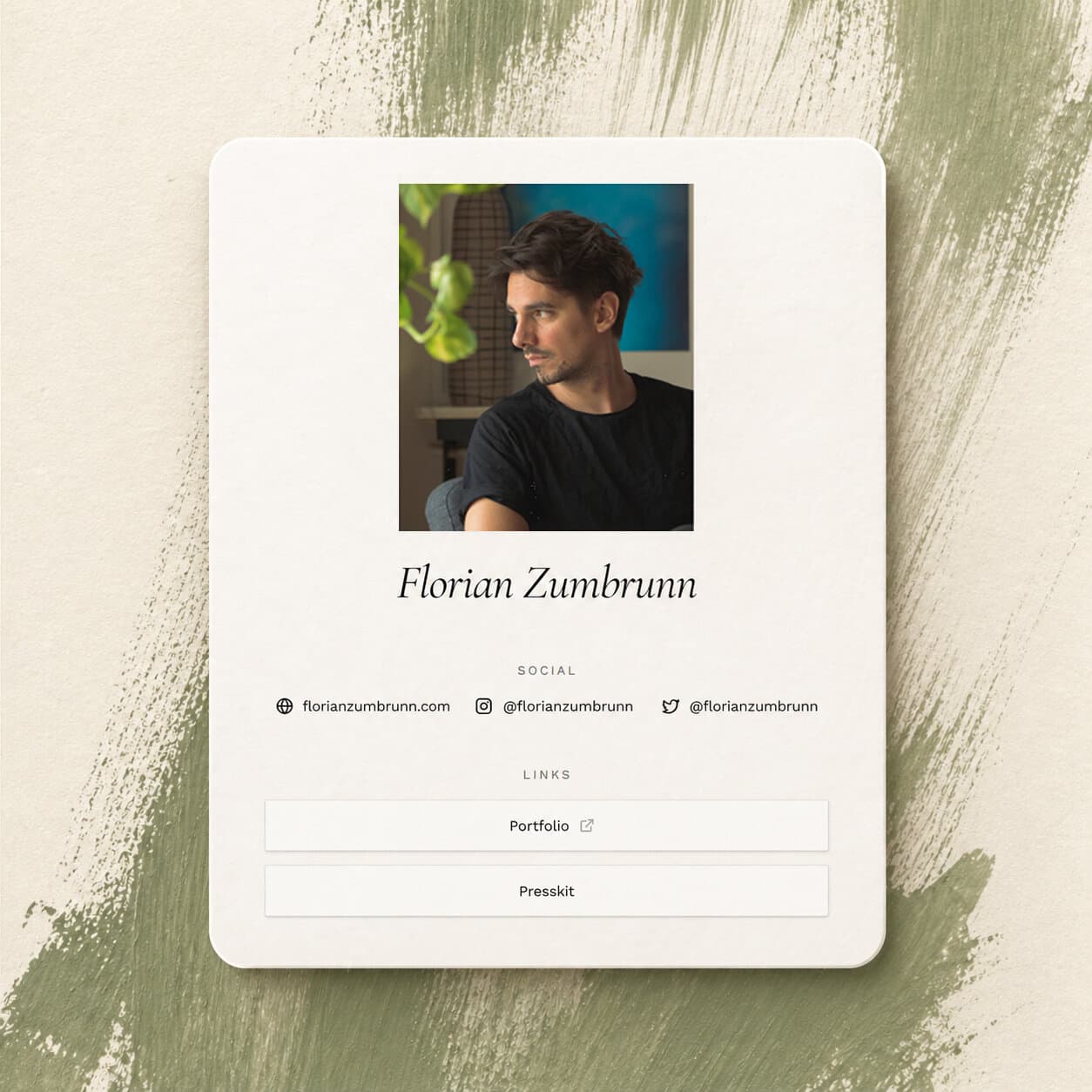 Preview of a Viewroom artist portal: single homepage gathering catalogue, biography and links.