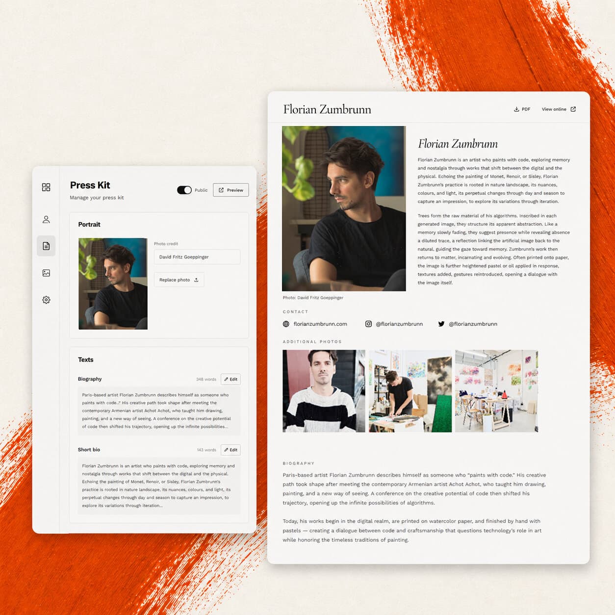 Preview of a Viewroom artist press kit: high-res photos, biography and journey on one page.